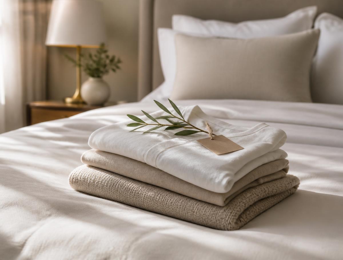 Freshly folded clothes resting on a hotel bed
