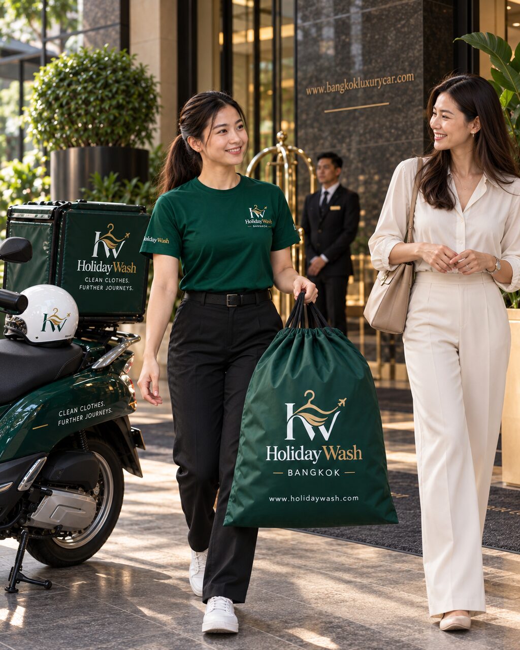 HolidayWash courier collecting a laundry bag from a hotel guest in Bangkok